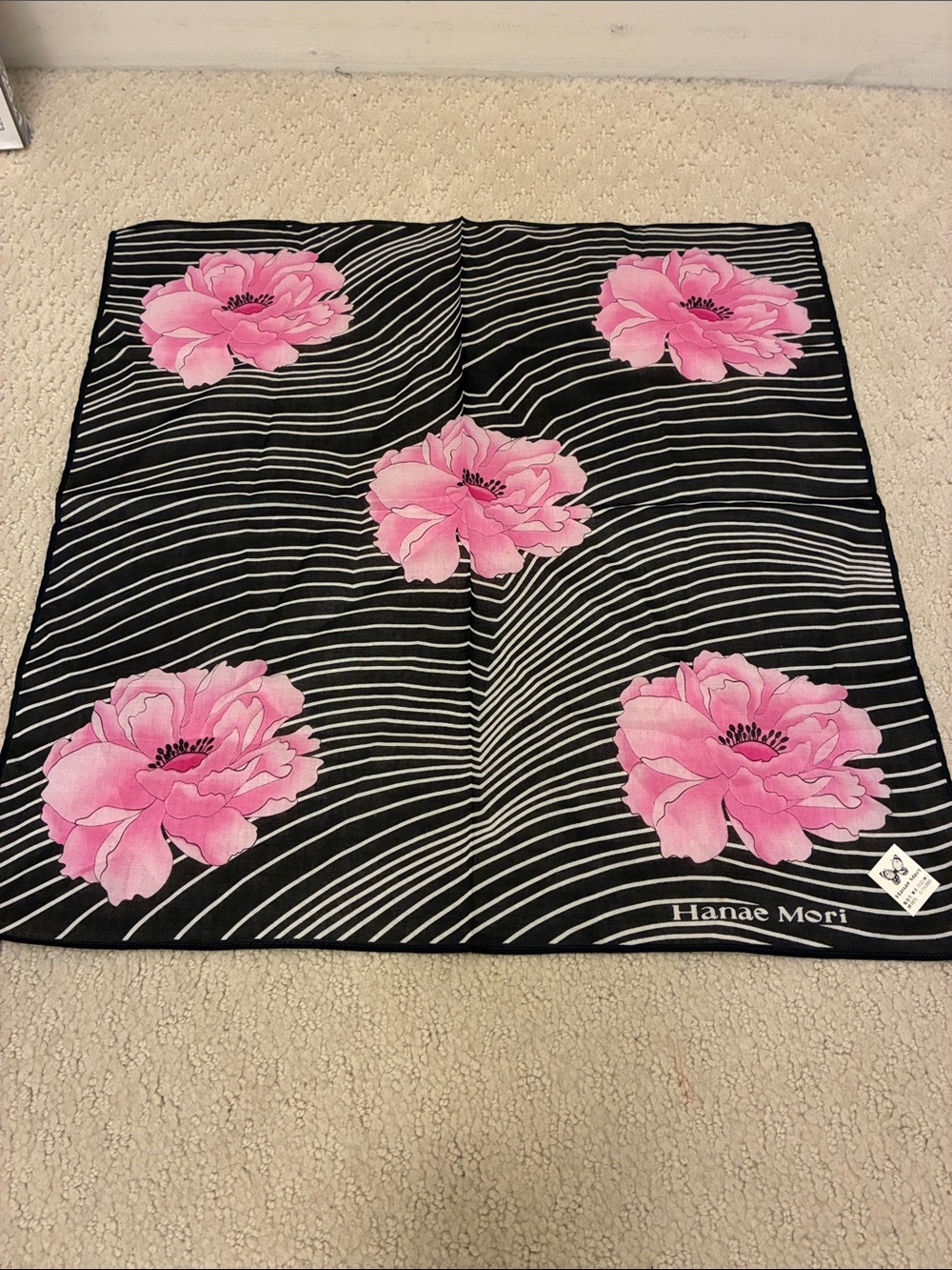Hanae Mori Vintage Pink Peony Wave Stripe Cotton Handkerchief NWT Japan👝